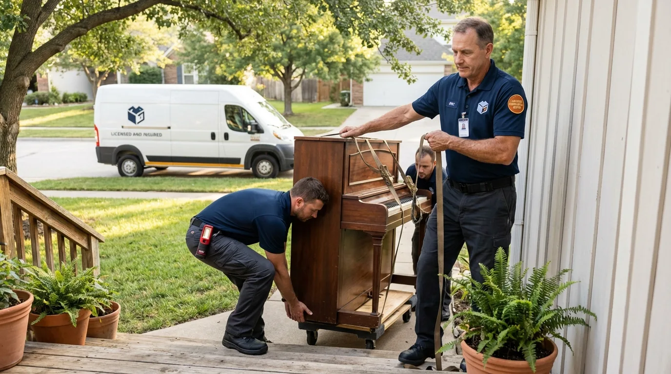 Licensed piano movers securing grand piano in Sun Valley, ID