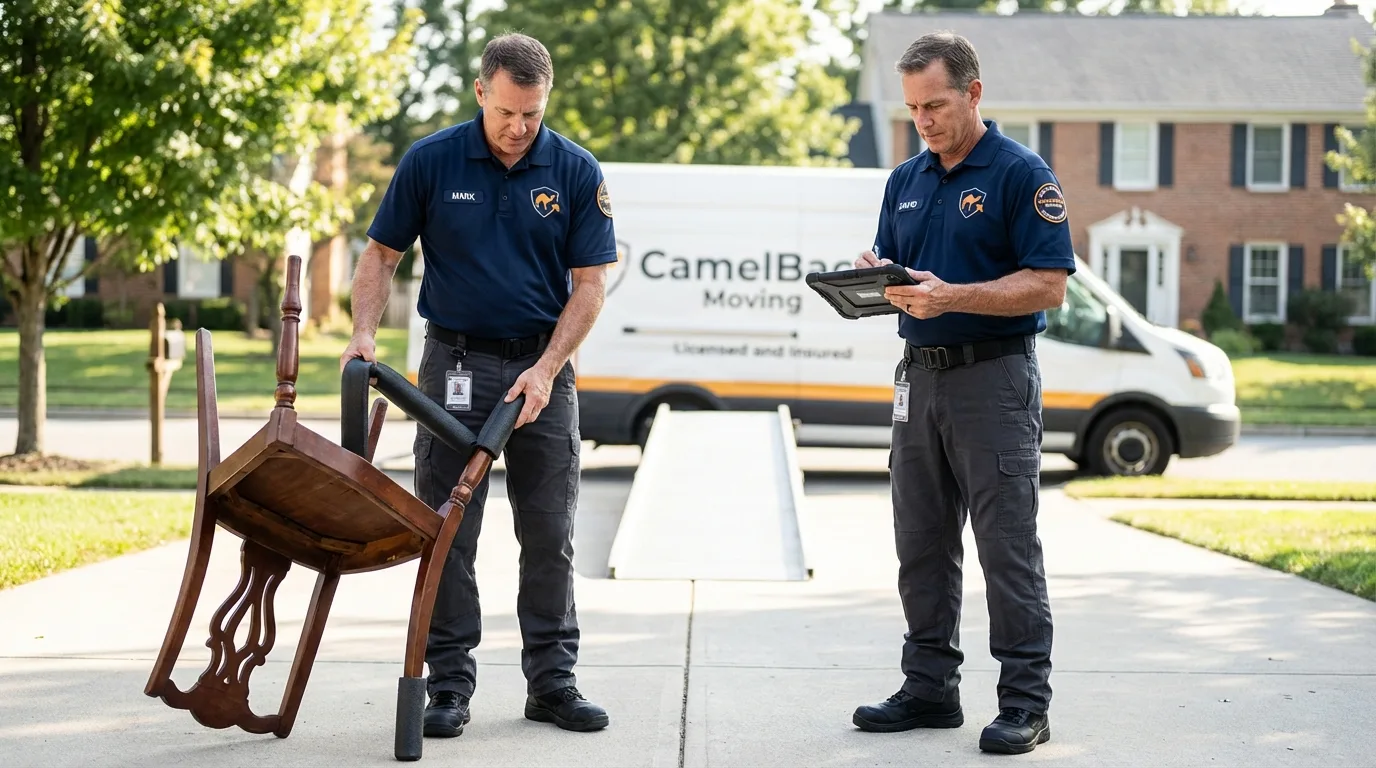 Movers inspecting furniture for damage prevention before loading in Sun Valley, ID