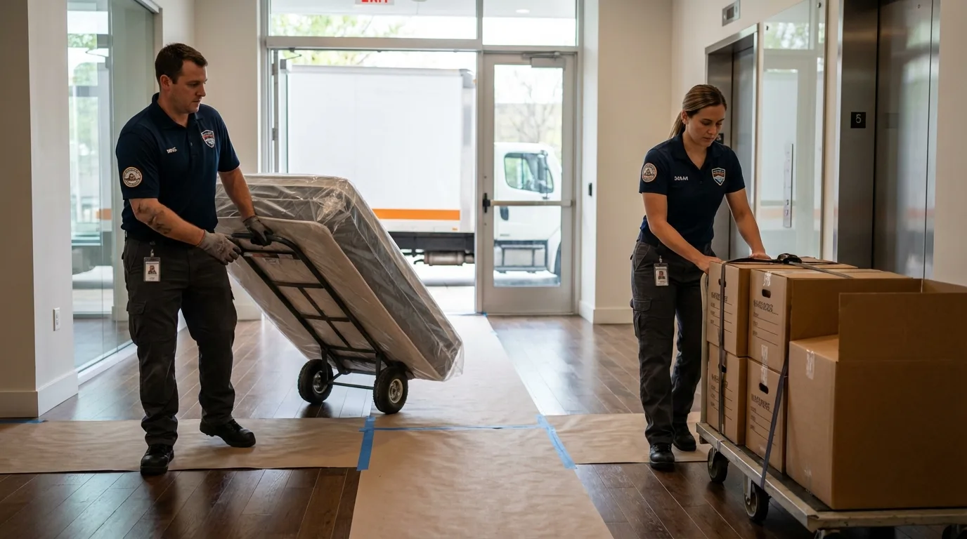 Professional apartment movers loading elevator in Sun Valley, ID